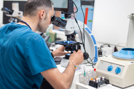 Veterinarian analyzing samples under a microscope in a laboratory.png